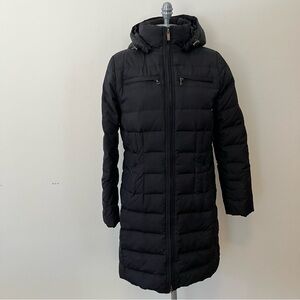 Lands End Quilted Black Down Puffer Coat Parka Hood Womens XS Long Back Zip